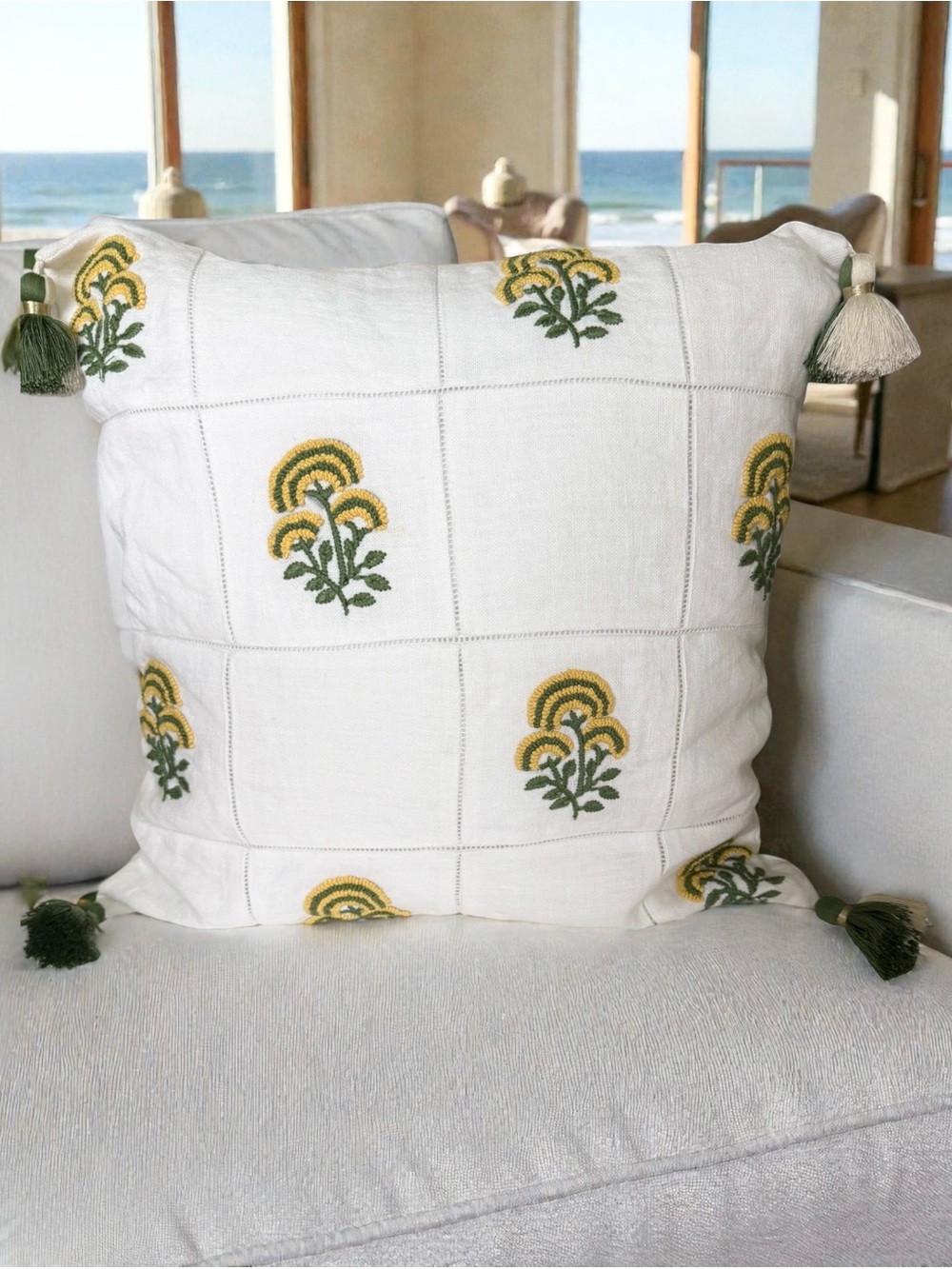 New! SERENA & LILY Cortina Moss/Sunflower Linen Embroidered Tassel Pillow